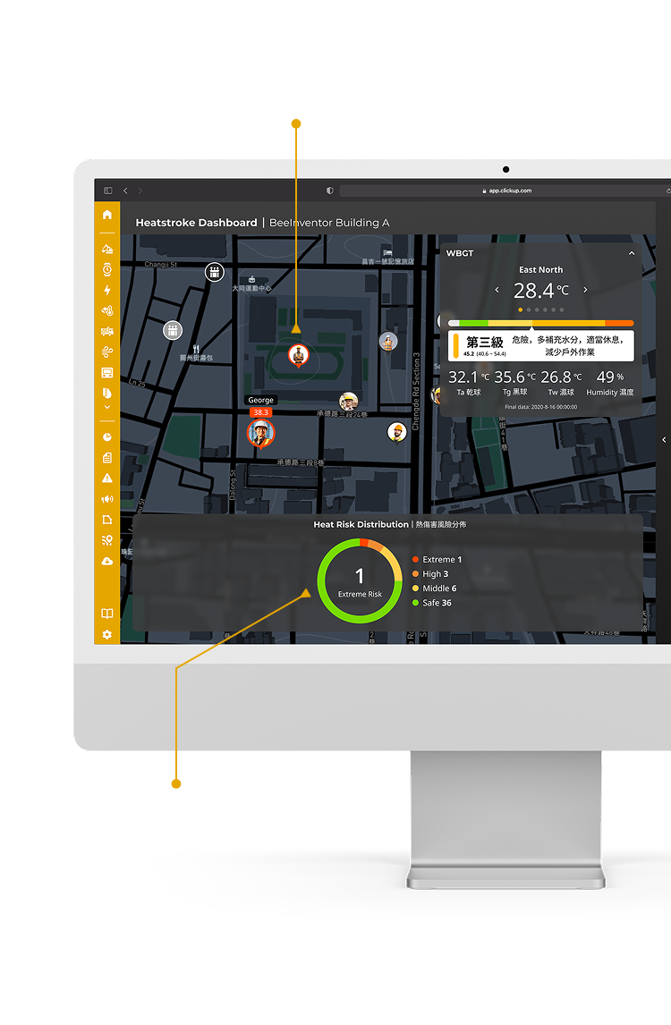 DasIoT platform screen 1: worker real-time location and heat stroke risk distribution