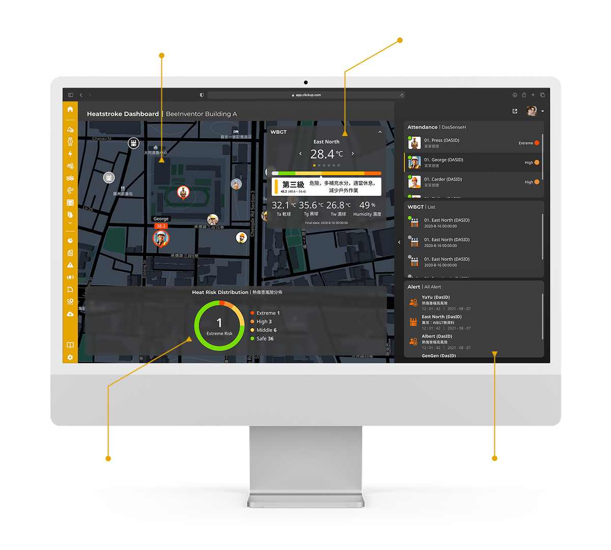DasIoT platform screen 1: worker real-time location and heat stroke risk distribution
